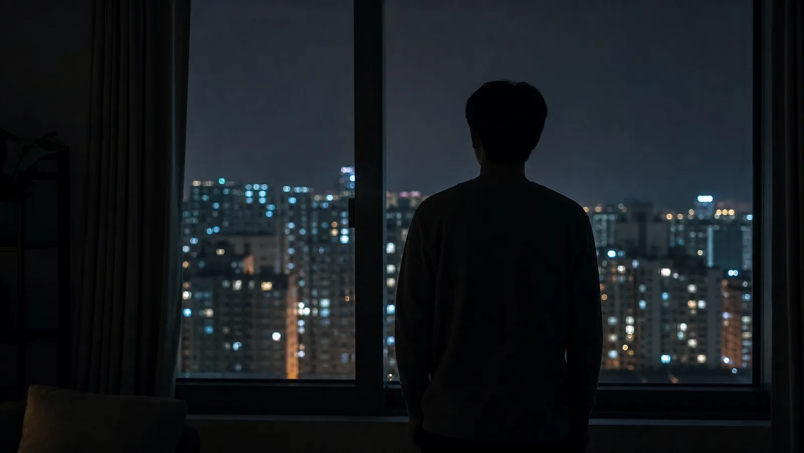 밤 창가에서 번져 보이는 도시 불빛을 바라보는 모습