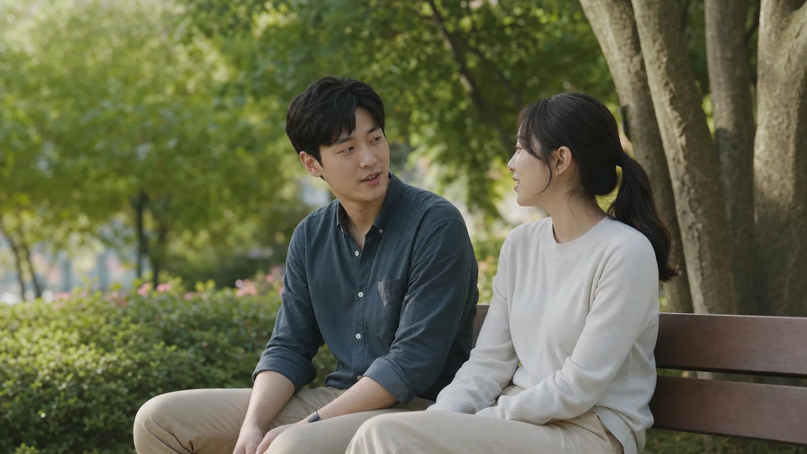 바깥 벤치에 나란히 앉아 무엇을 확인할지 이야기하는 장면
