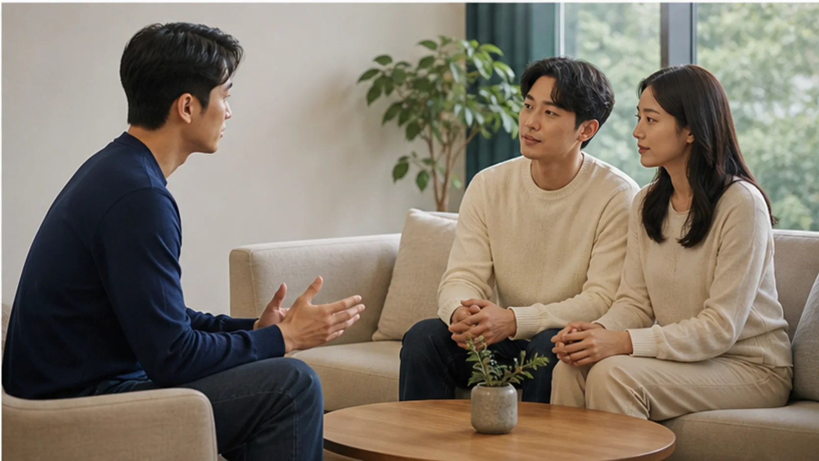 렌즈삽입술 후 관리와 재방문 조건을 상담하는 내원자
