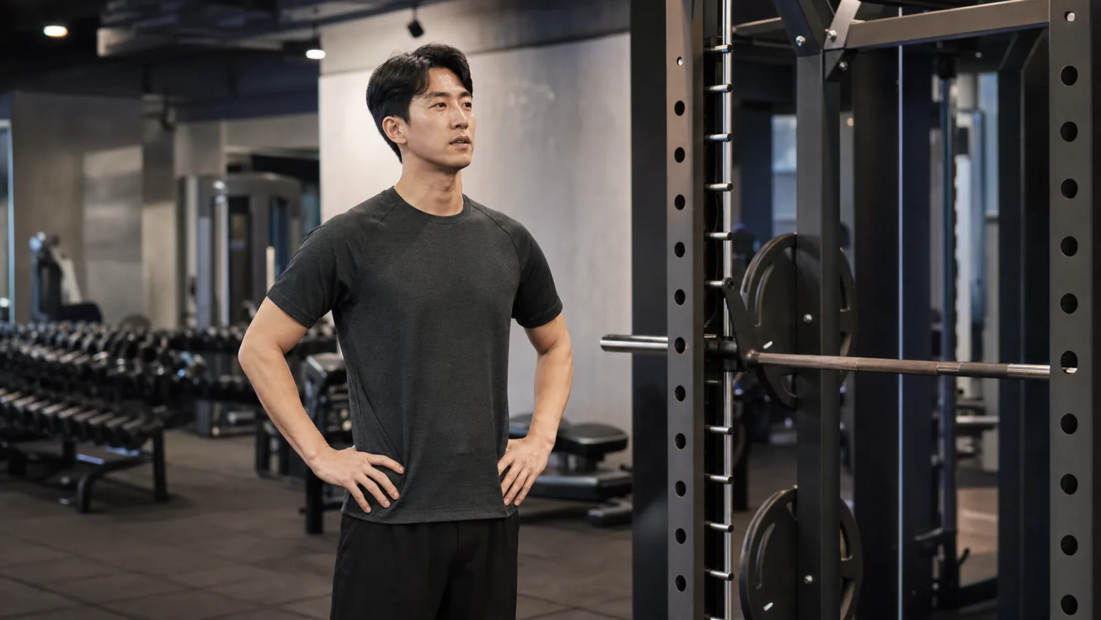 실내 운동 중 잠시 멈춰 일정을 가늠해 보는 장면