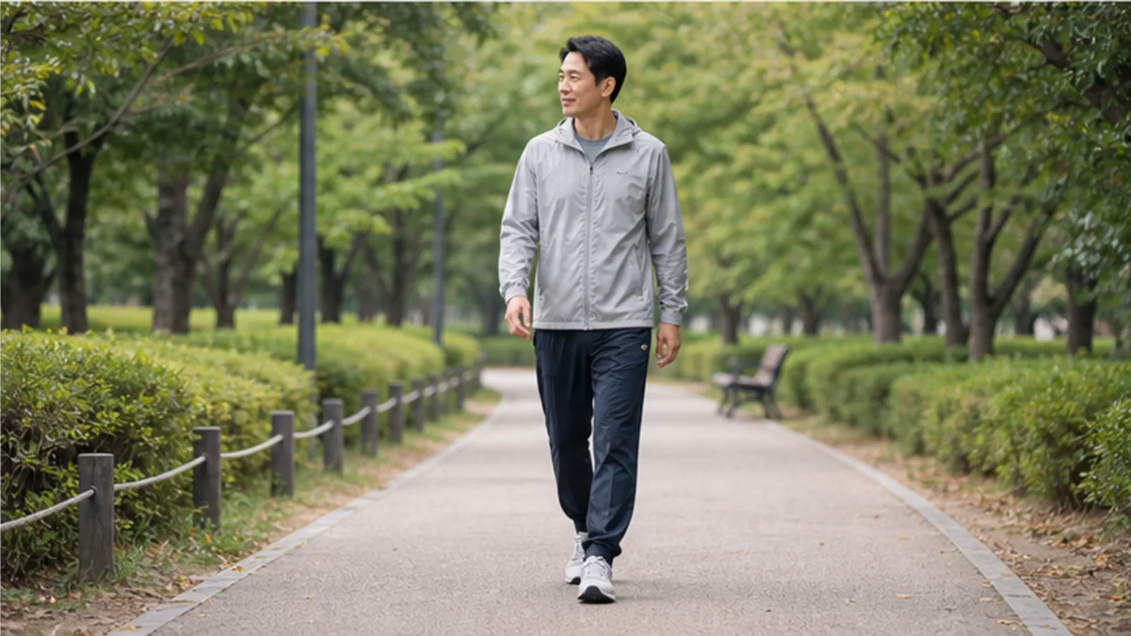 공원 산책로에서 가볍게 걷는 사람