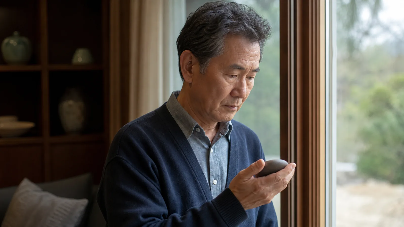 먼 곳을 보다가 가까운 것으로 시선을 옮기는 일상 장면