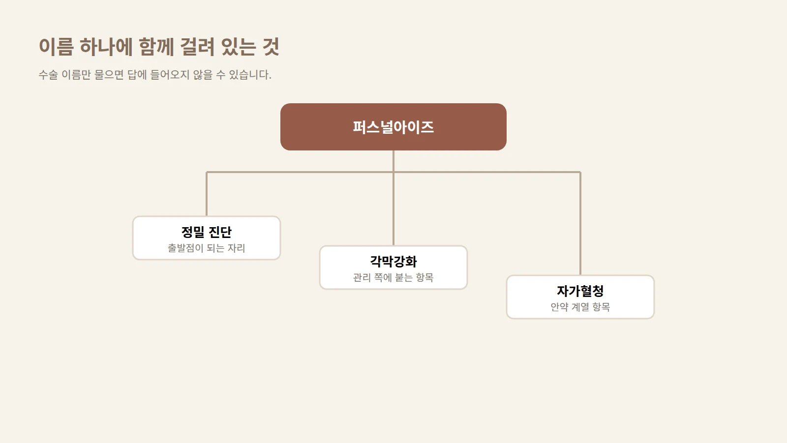 하나의 이름표 아래에 진단과 두 개의 부가 항목이 묶여 매달린 구조를 나타낸 도형