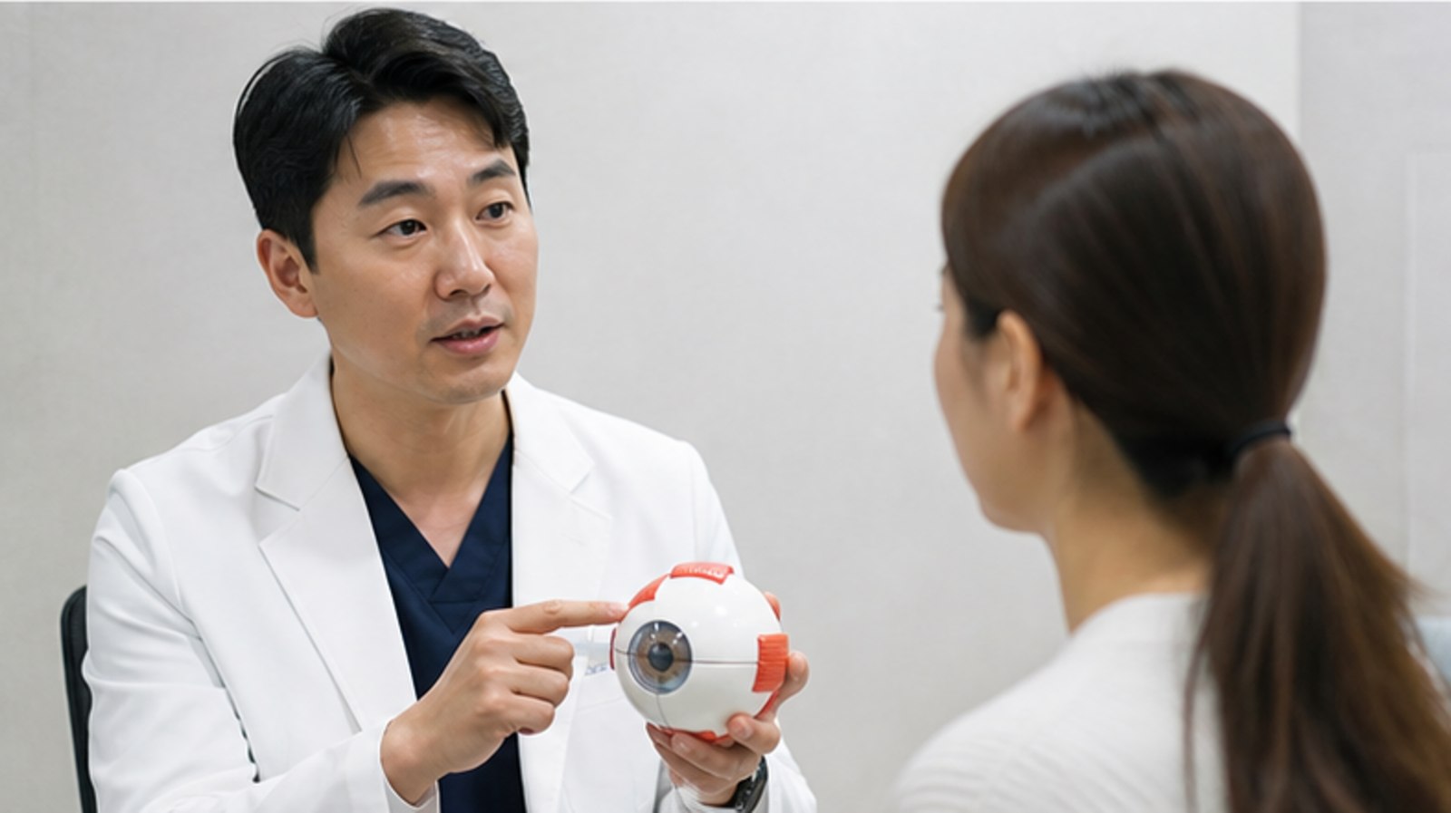 안구 모형으로 눈 구조를 설명받는 내원자
