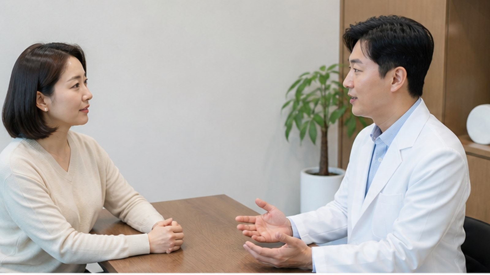 진료실에서 의료진과 시기에 대해 상의하는 내원자 — 스마일라식 나이 제한과 도수 안정 안내
