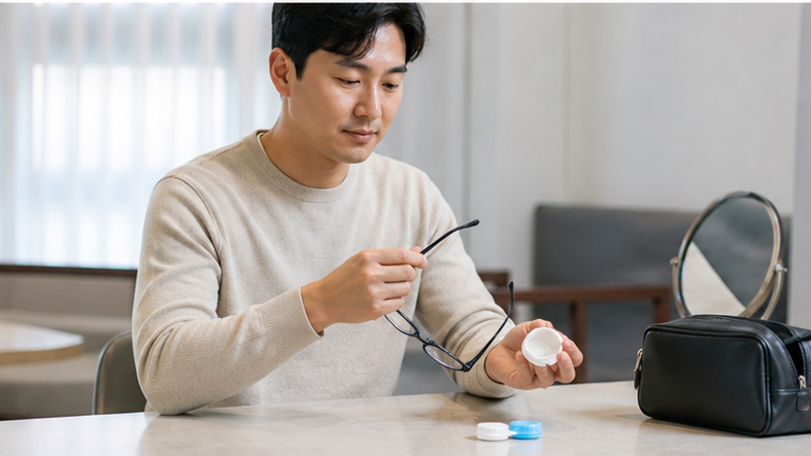 책상에서 렌즈 케이스와 안경을 정리하는 사람