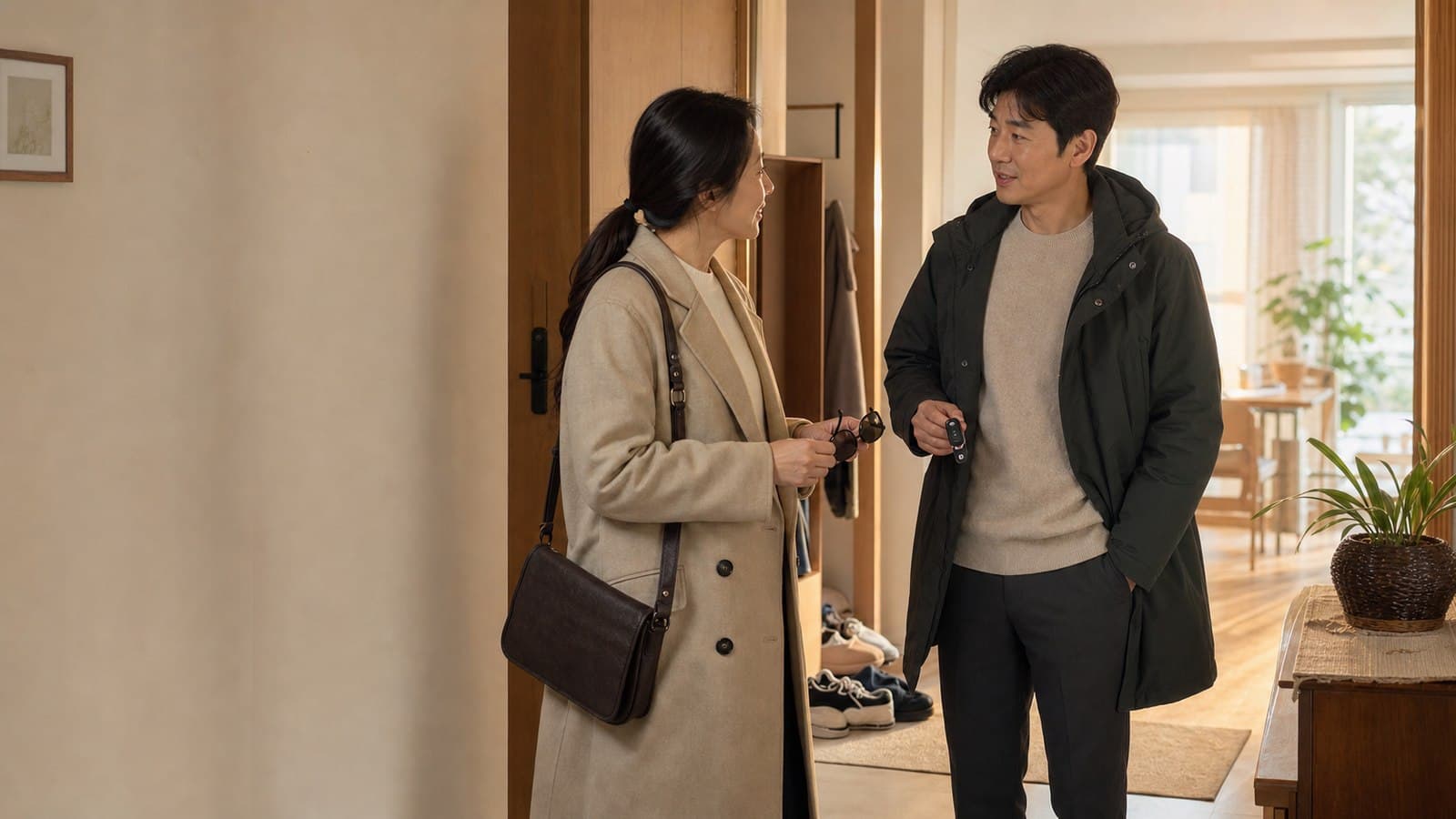 집 현관에서 안경과 자동차 키를 들고 외출 준비를 하며 이야기하는 두 사람