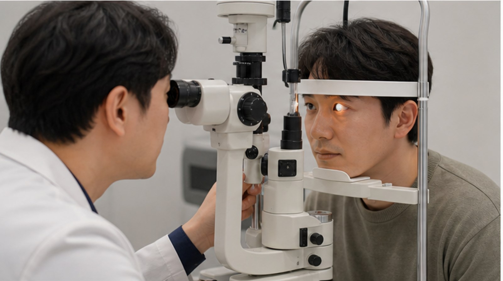 세극등 장비 앞에서 눈 상태를 확인받는 내원자