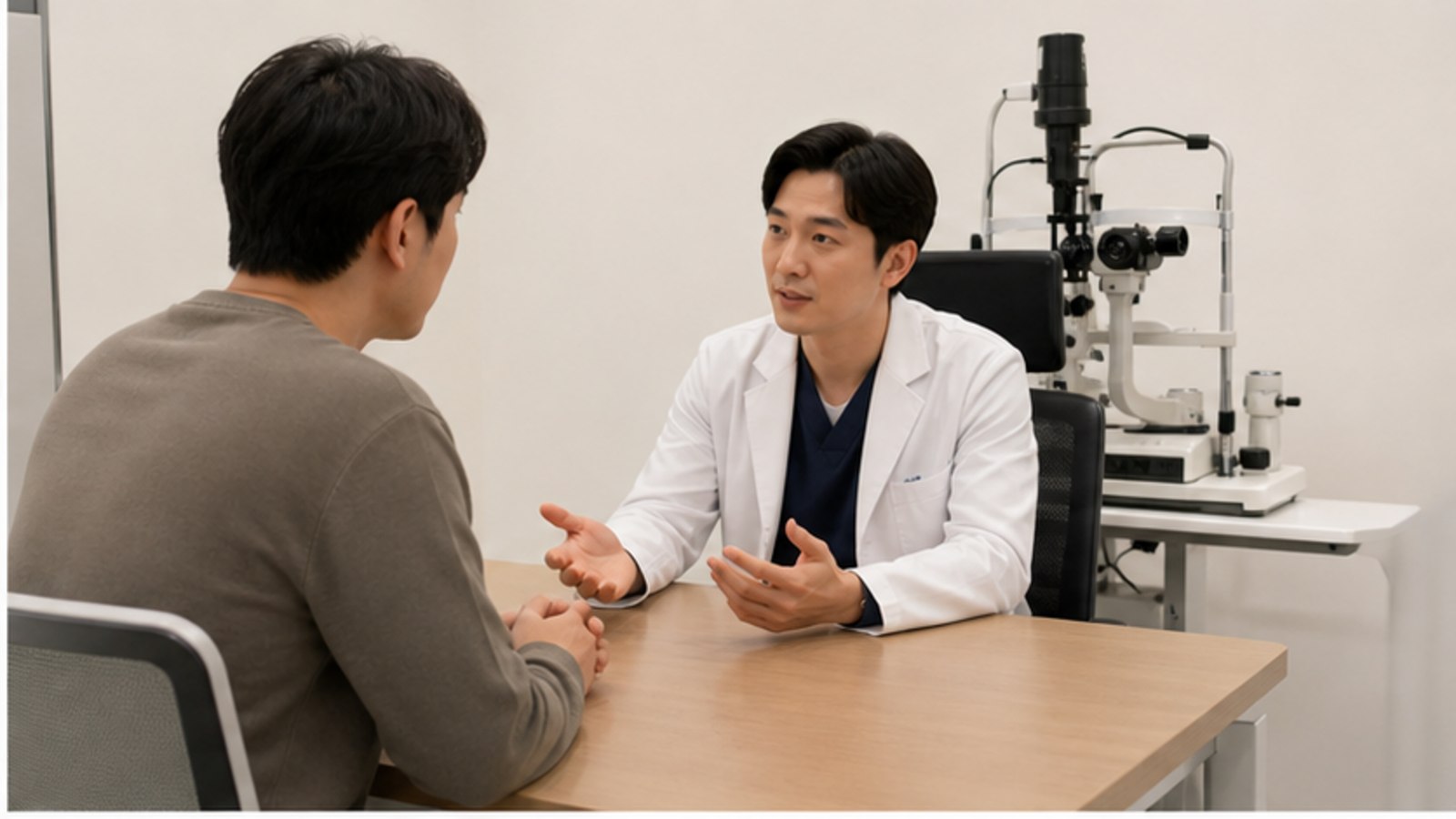 진료실에서 의료진과 준비 사항을 상의하는 내원자 — 스마일라식 수술 전후 연결 안내