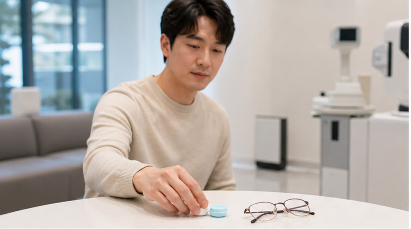 병원에서 렌즈 케이스와 안경을 정리하는 사람