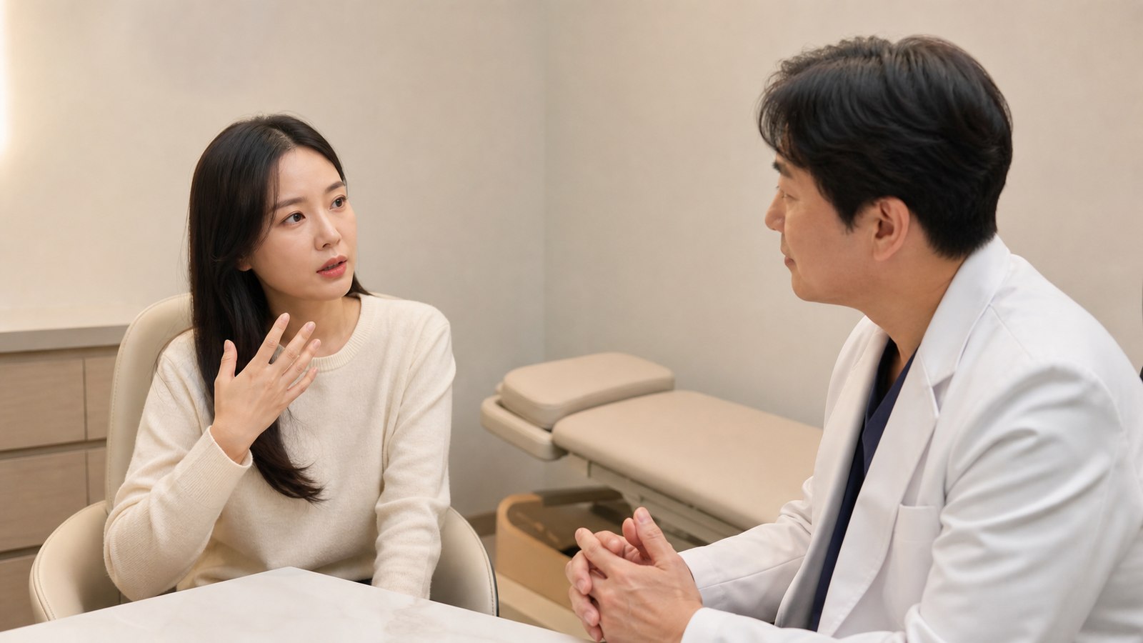 진료실에서 의료진과 관리 방법을 이야기하는 내원자