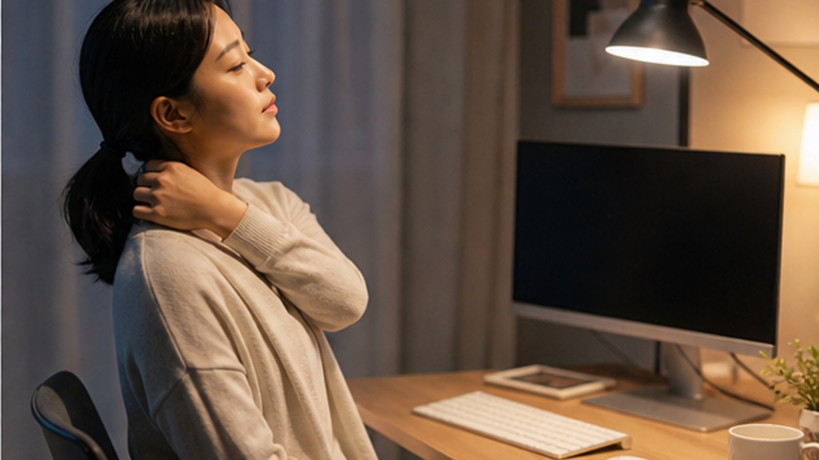밤에 책상 앞에서 잠시 화면을 멈추고 목을 푸는 사람