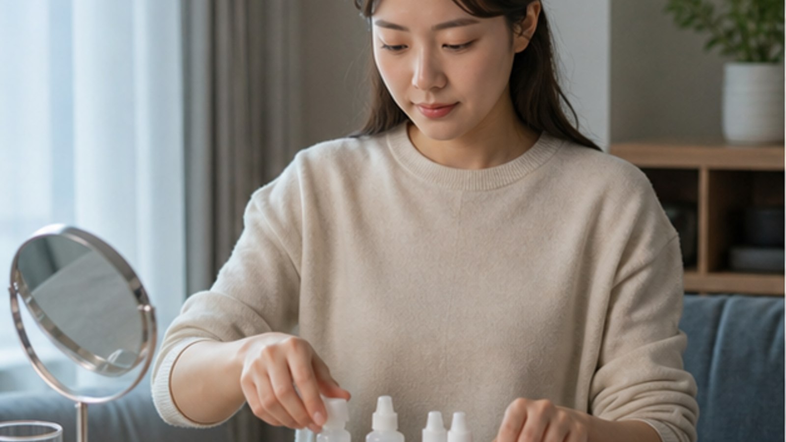 집에서 안약과 세면 용품을 정리하는 사람 — 스마일라식 관리 생활 항목별 안내