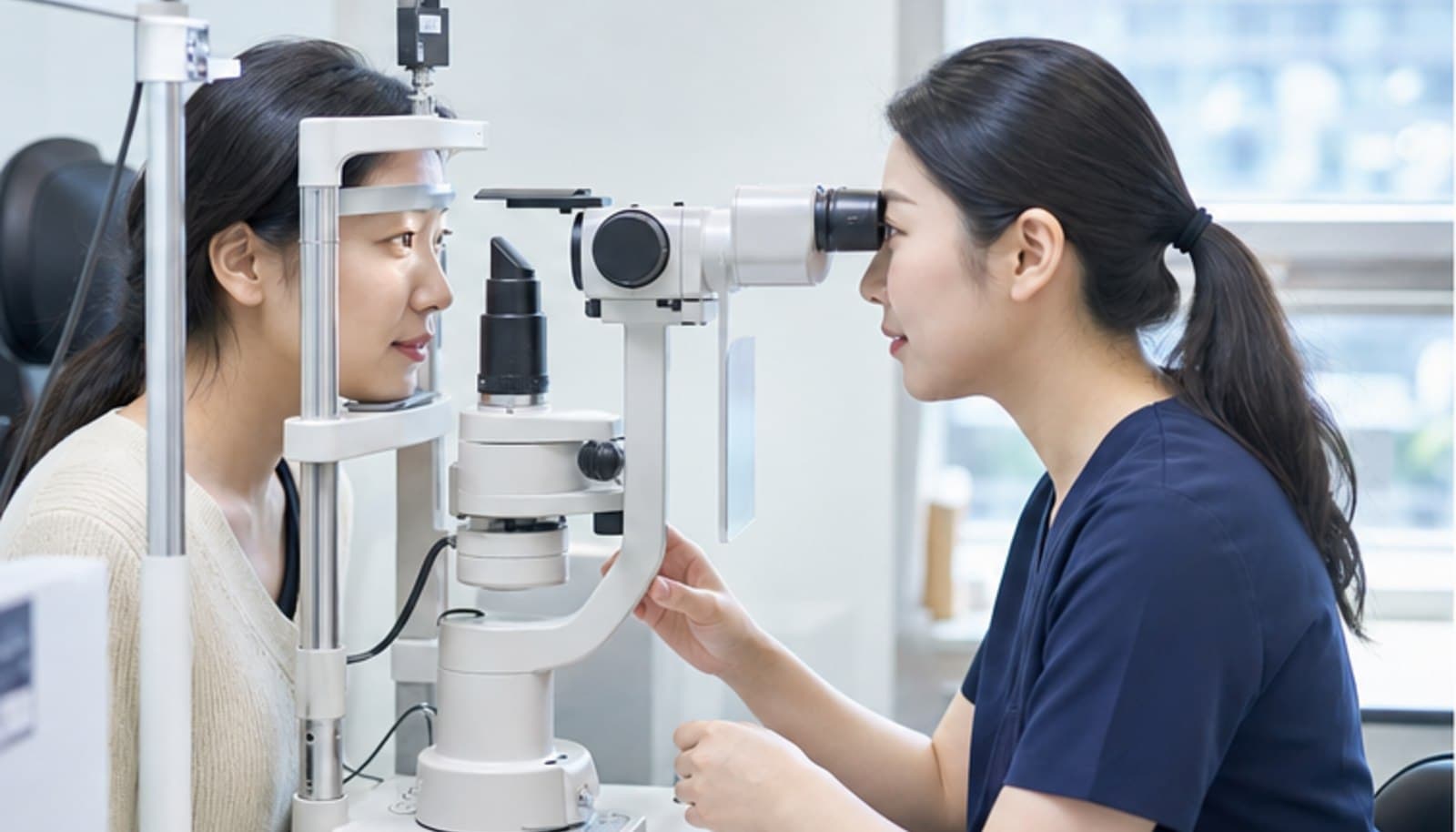 안과 검사실에서 의료진이 세극등 검사 장비로 내원자의 눈 상태를 확인하는 모습