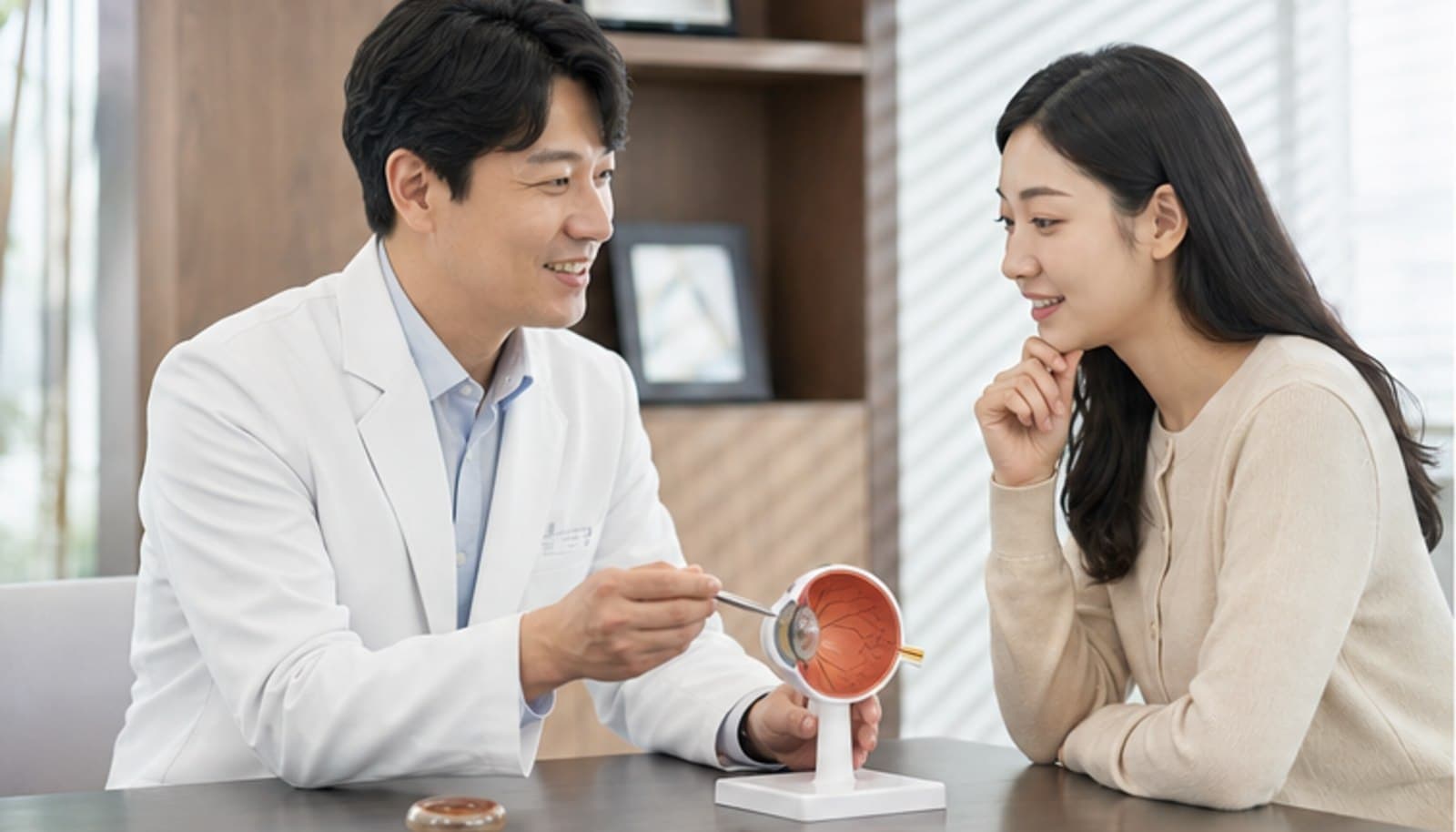 안과 상담실에서 의료진이 안구 모형을 짚어가며 내원자에게 설명하는 모습 — 스마일라식 병원 선택 체크리스트 안내