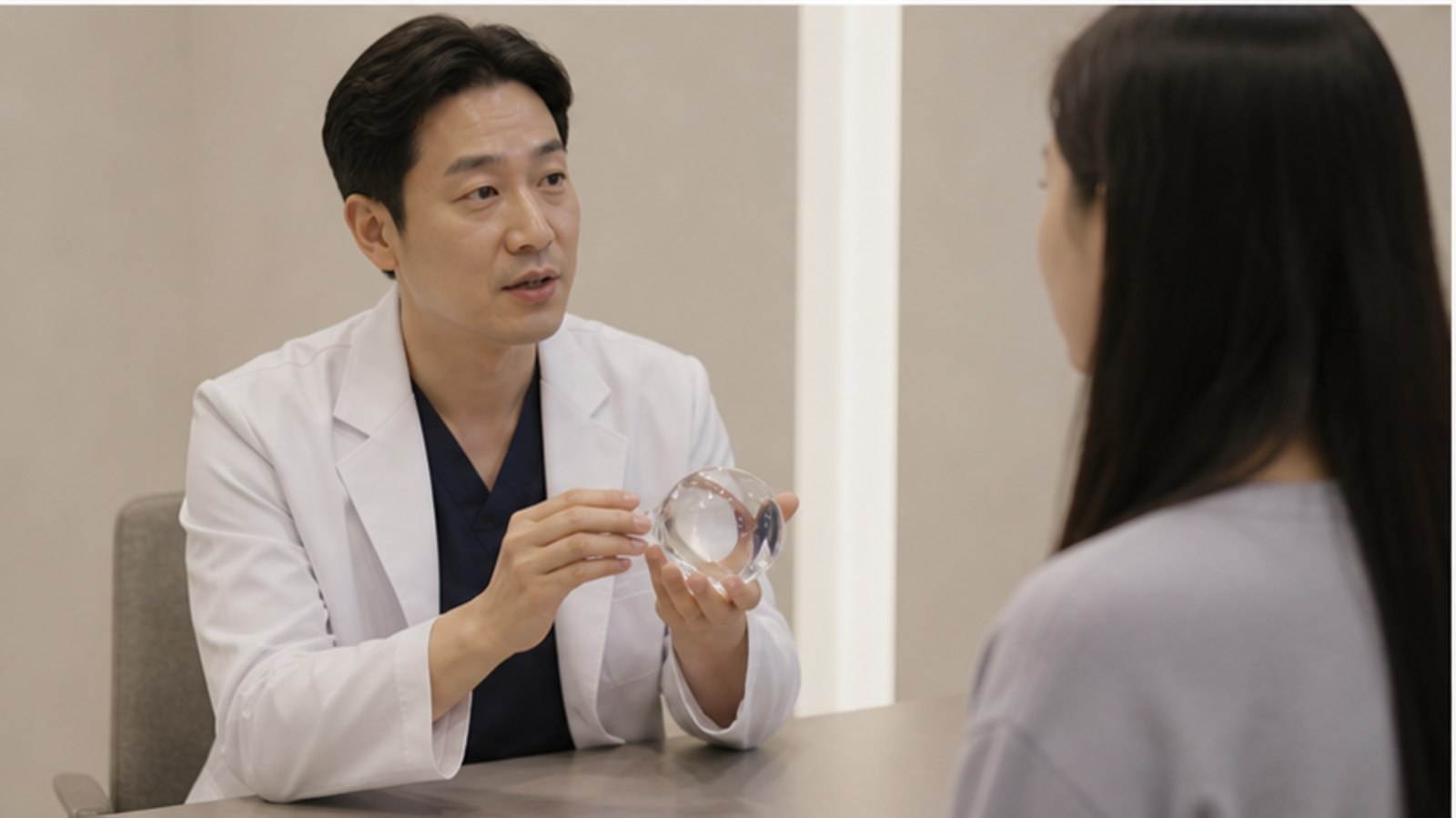 상담실에서 렌즈를 보여주며 시력교정 방법을 설명하는 의료진