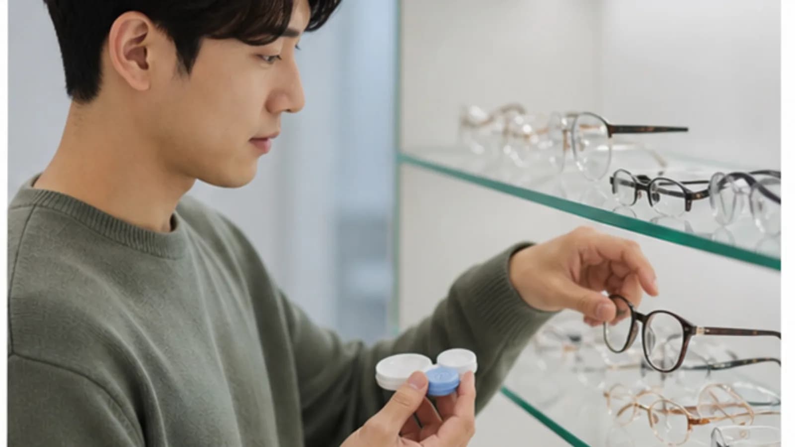 렌즈 보관 케이스와 안경을 함께 확인하며 상담을 준비하는 모습