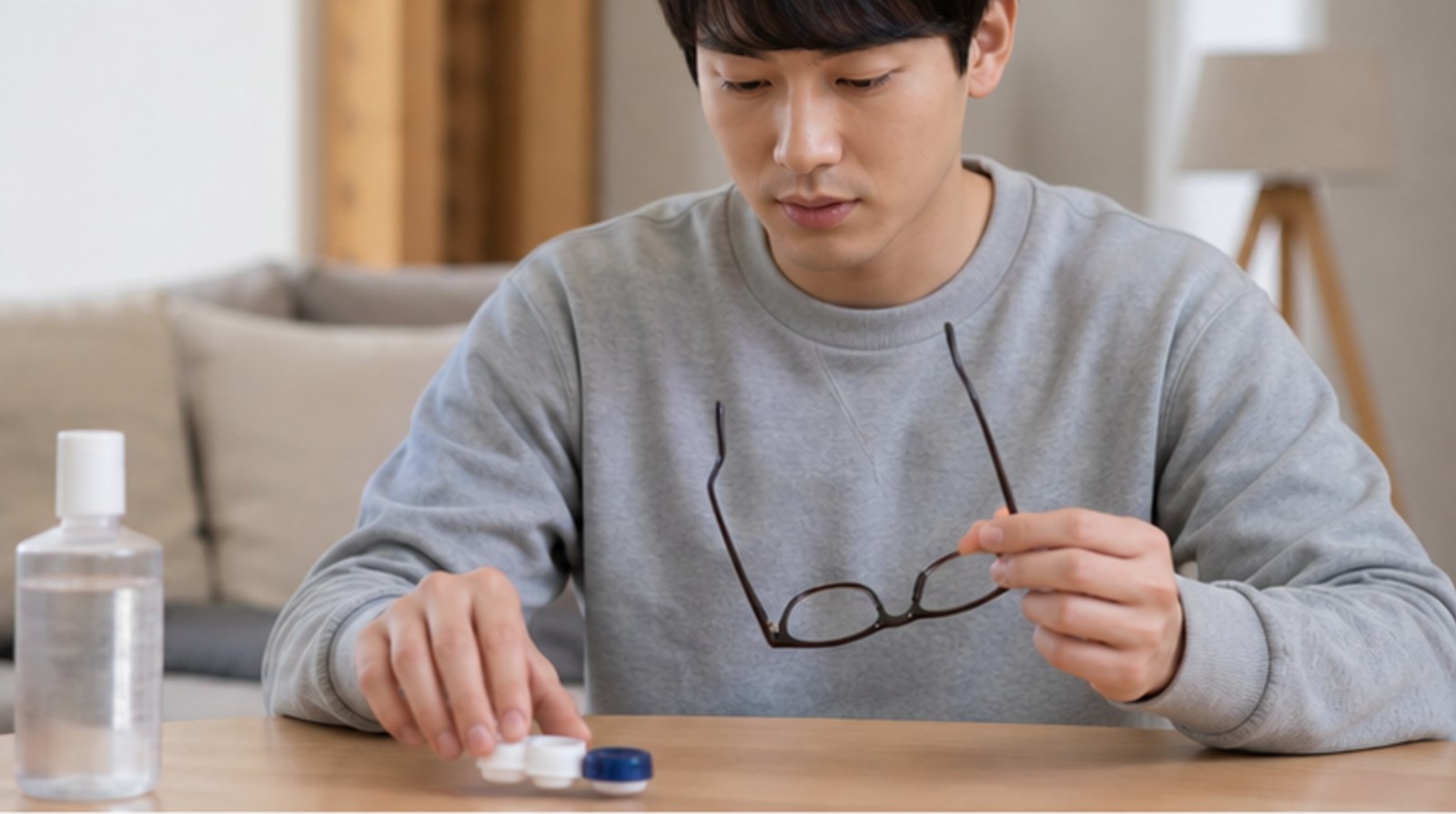집에서 렌즈 케이스와 안경을 정리하는 사람