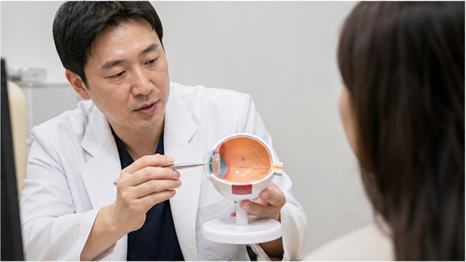 안구 모형으로 눈 구조를 설명받는 내원자
