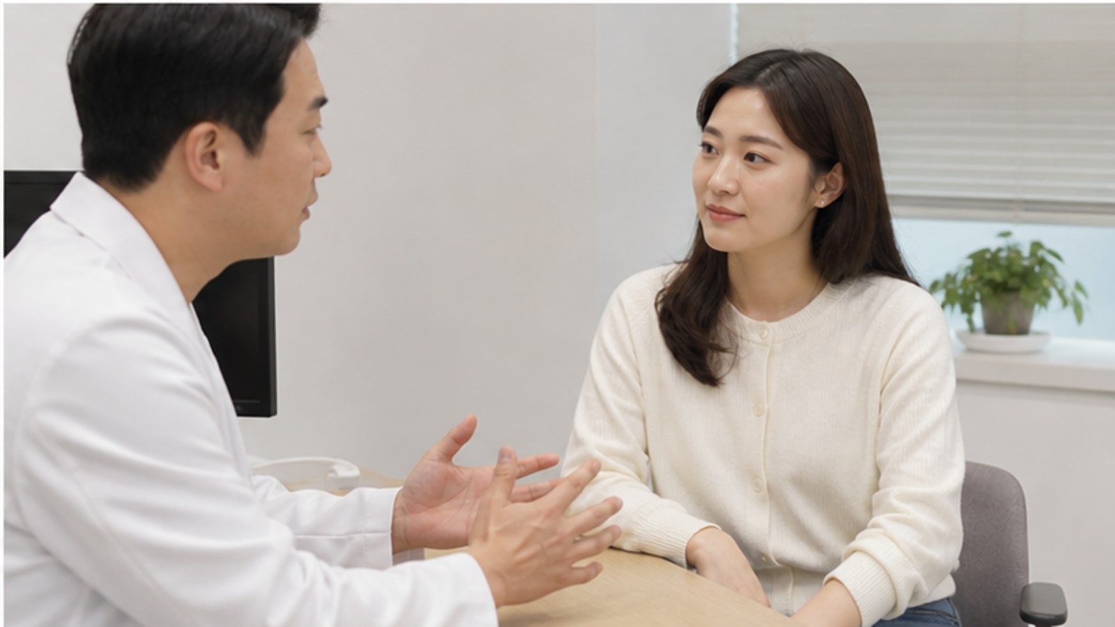 진료실에서 의료진과 이야기하는 내원자