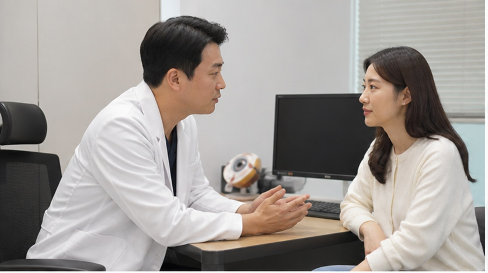 진료실에서 검사 결과를 설명받는 내원자 — 스마일라식 효과 검사값과 체감 안내
