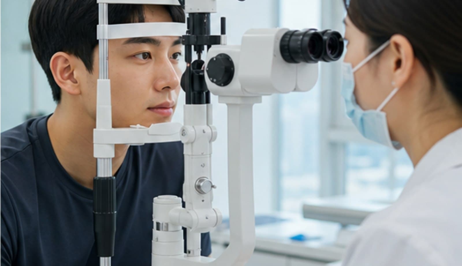 안과 검사실에서 의료진이 세극등 현미경으로 내원자의 눈 상태를 확인하는 모습