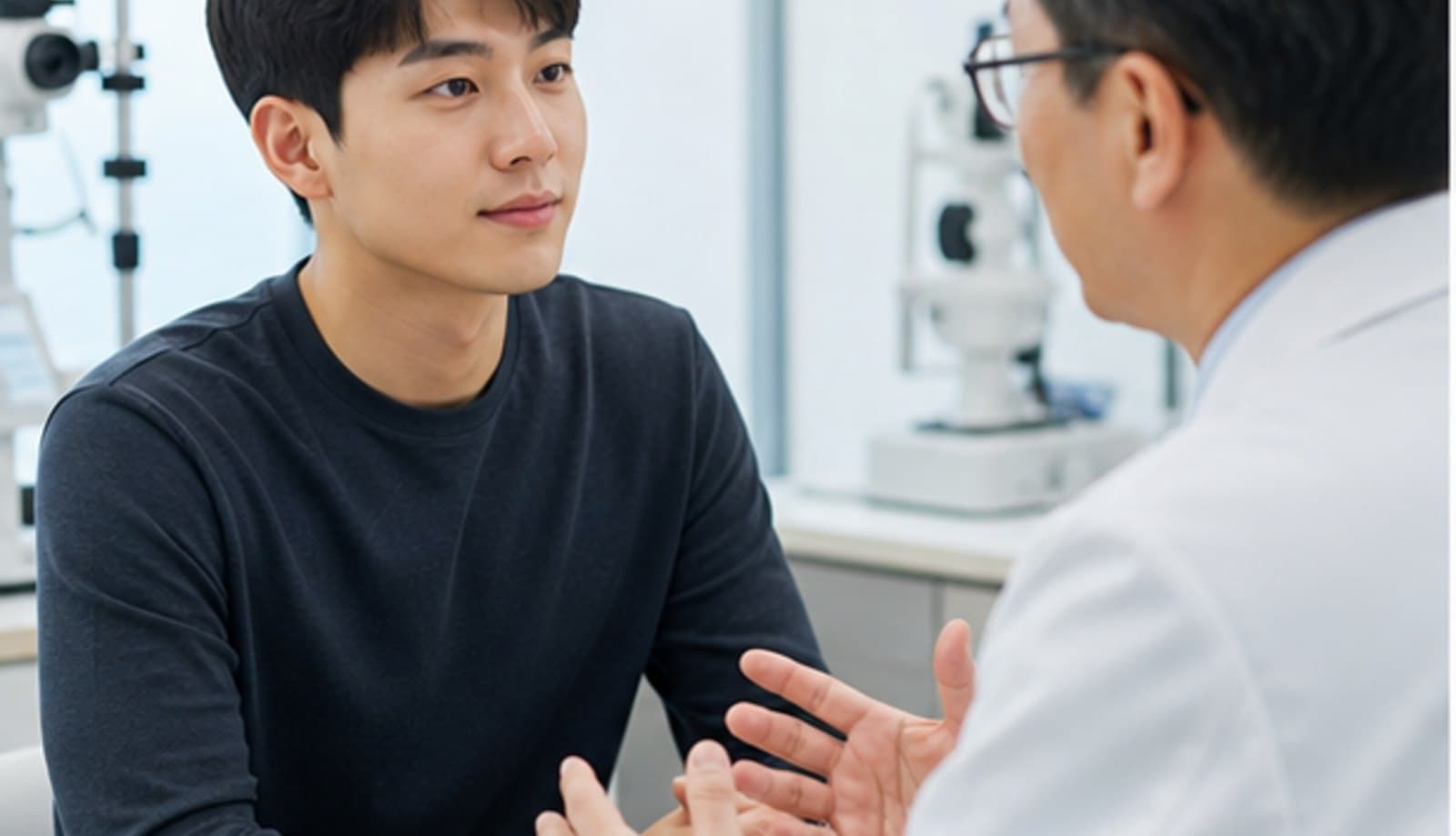 안과 진료실에서 내원자와 의료진이 마주 앉아 이야기를 나누는 모습