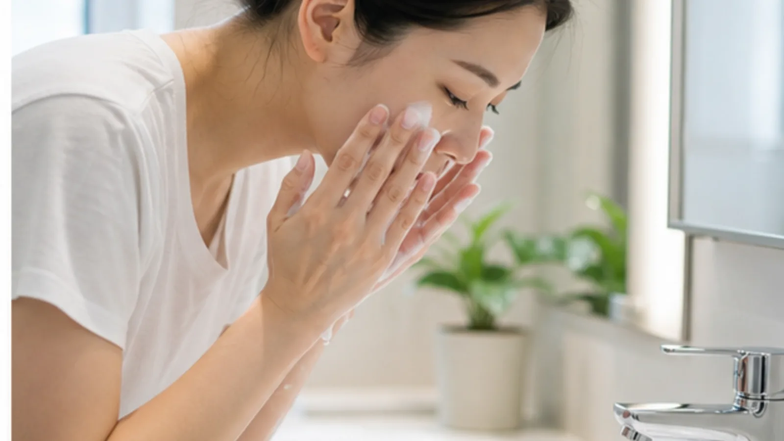 세면대에서 손으로 물을 받아 조심스럽게 얼굴을 씻는 모습 — 스마일라식 후 세안 순서 안내