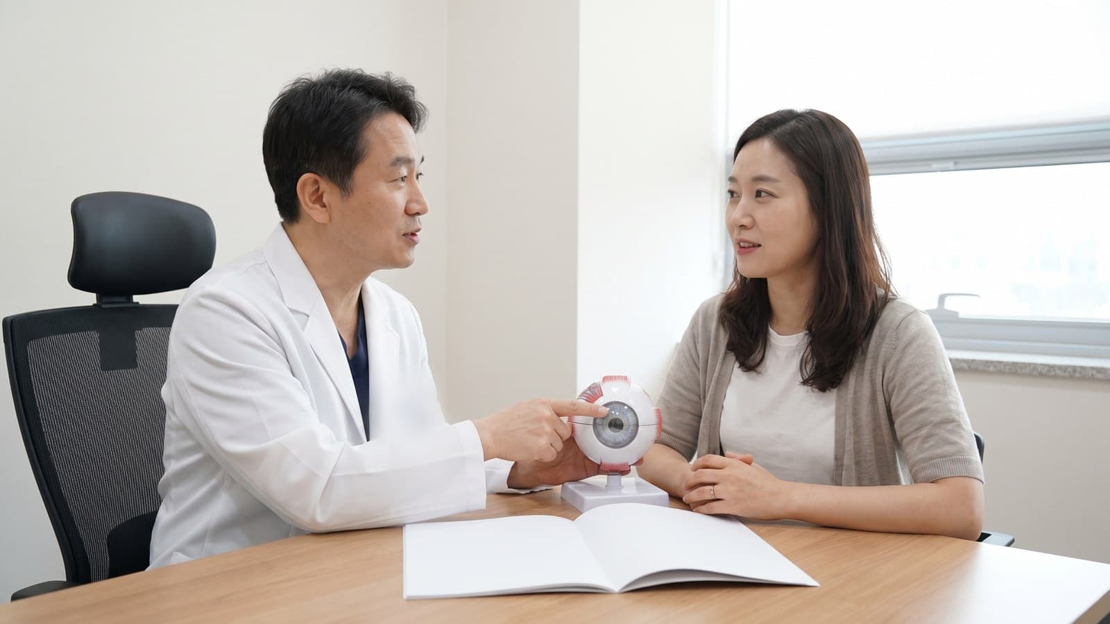 안과 상담실에서 의료진이 안구 모형을 짚으며 내원자에게 눈 구조를 설명하는 모습