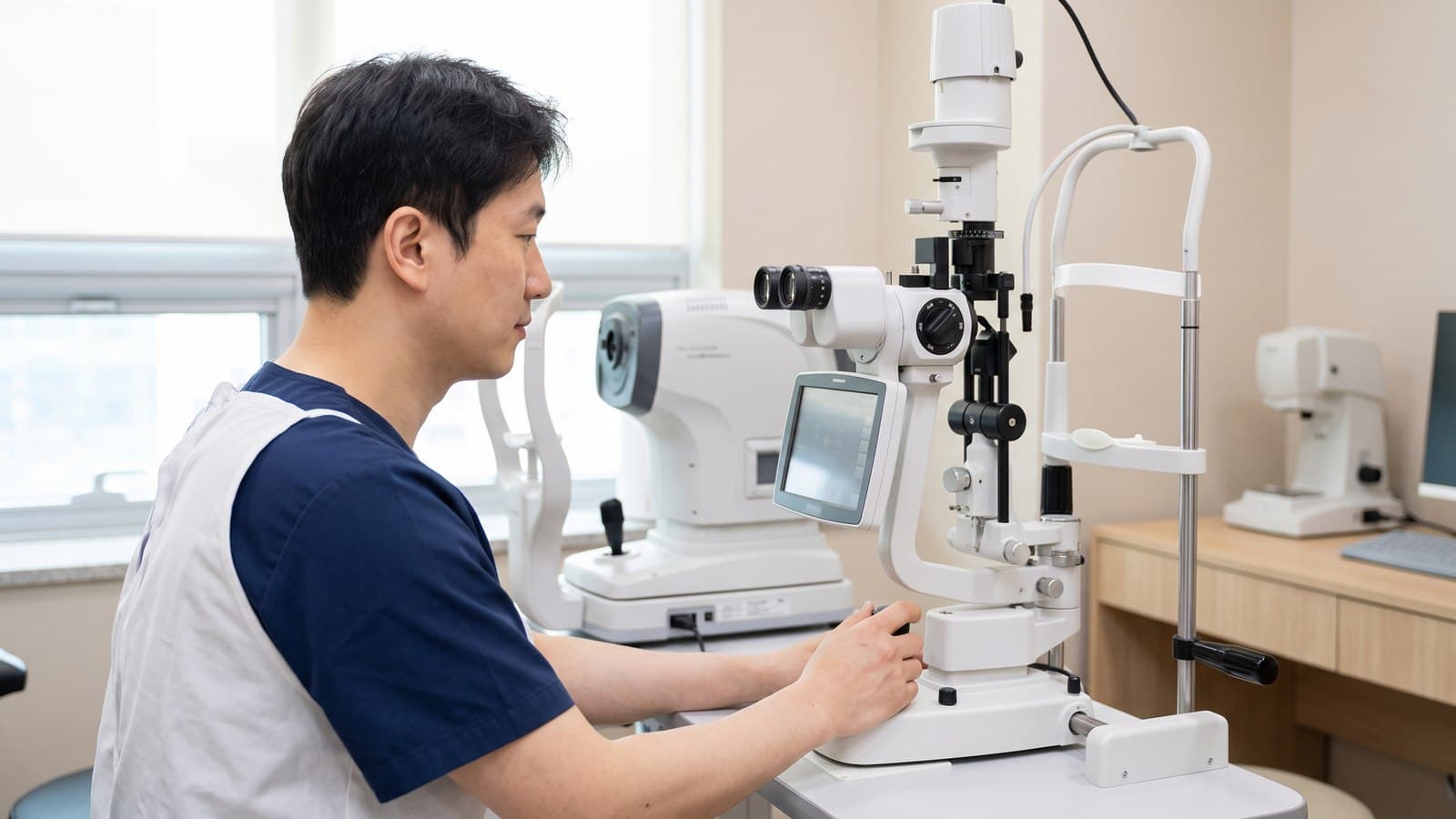 안과 검사실에서 의료진이 세극등 검사 장비를 조작하며 검사를 준비하는 모습