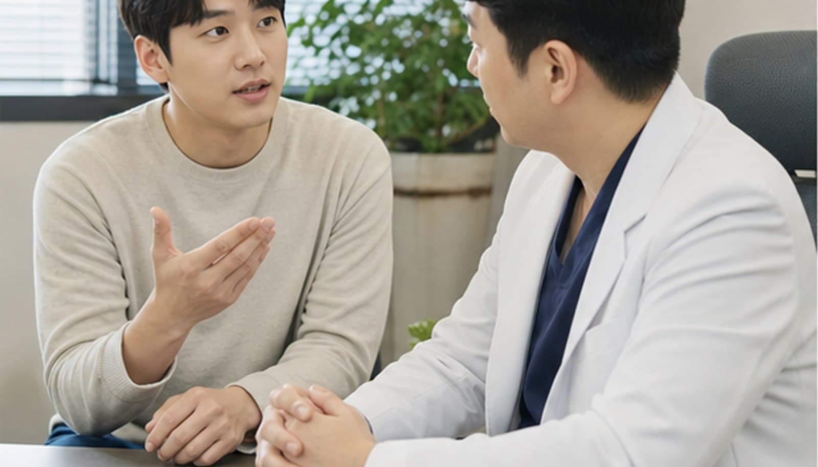 안과 진료실에서 내원자가 의료진에게 궁금한 점을 물어보며 상담하는 모습 — 스마일라식 유명한곳 정보 검증 안내