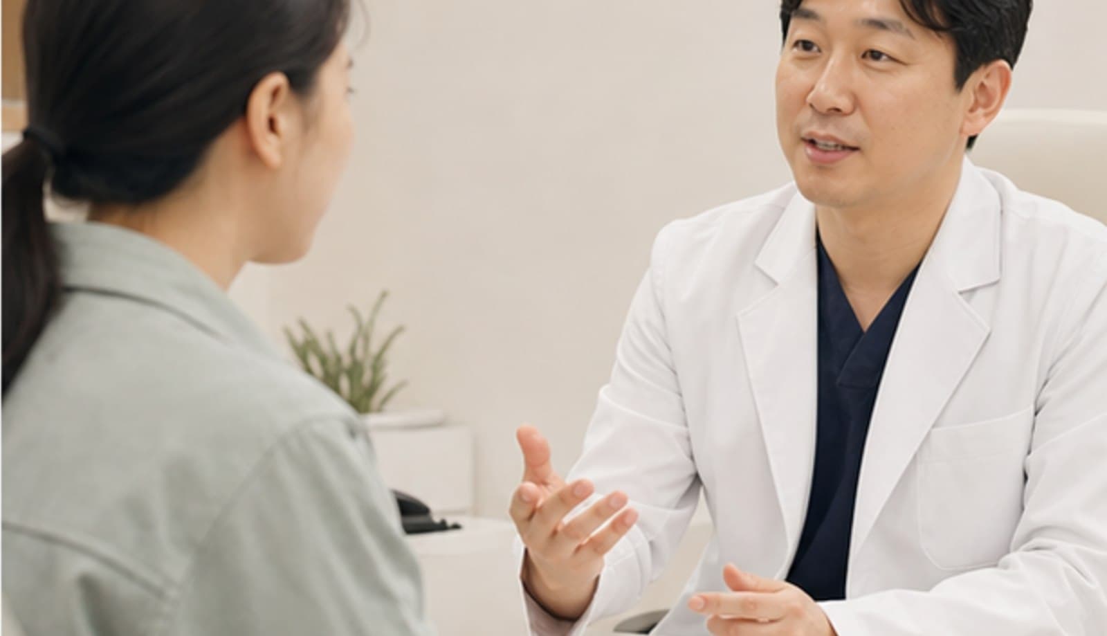 밝은 진료실에서 의료진이 손짓으로 설명하고 내원자가 경청하는 상담 장면