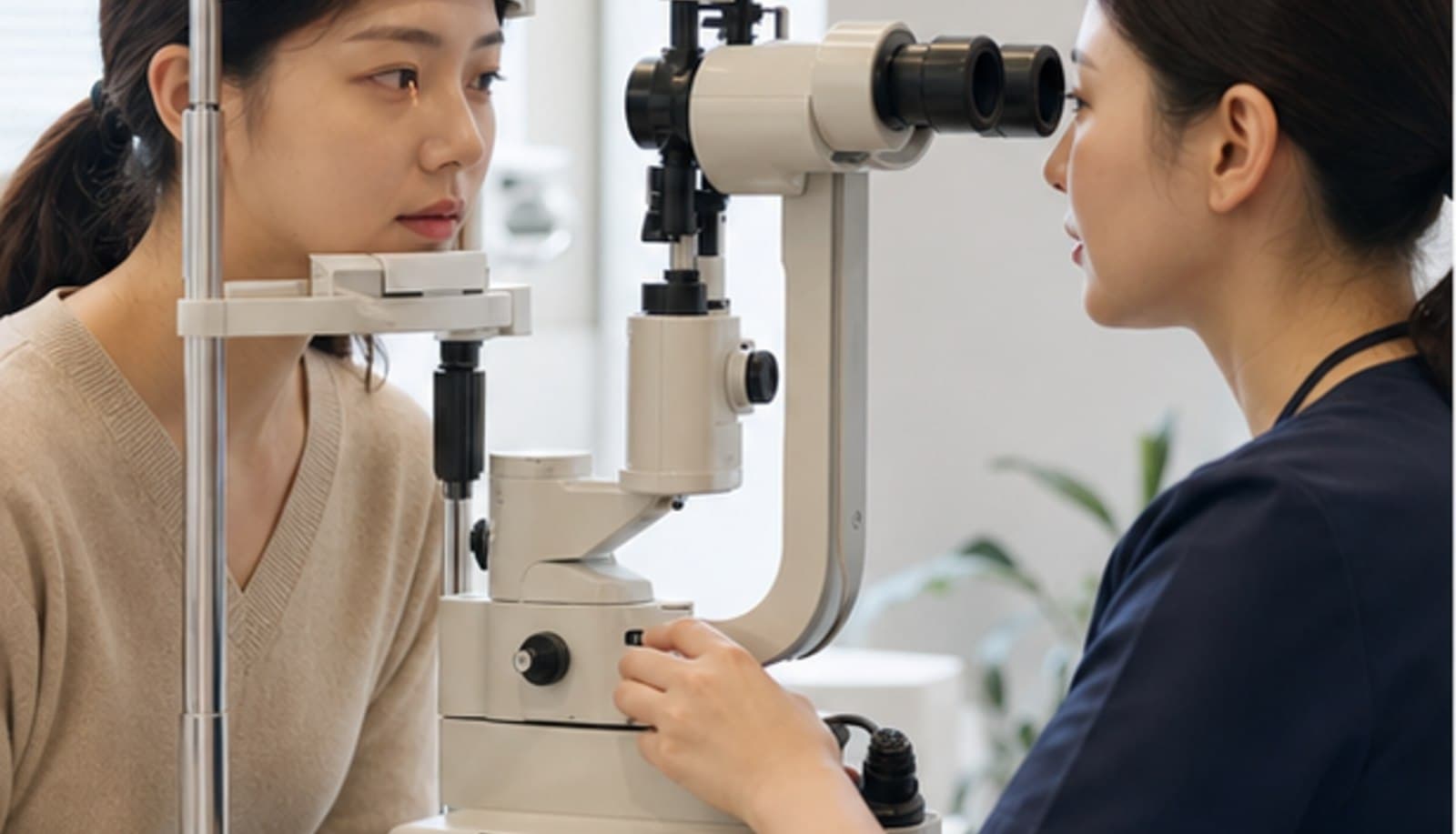 안과 검사실에서 의료진이 세극등 검사 장비로 내원자의 눈 상태를 확인하는 모습