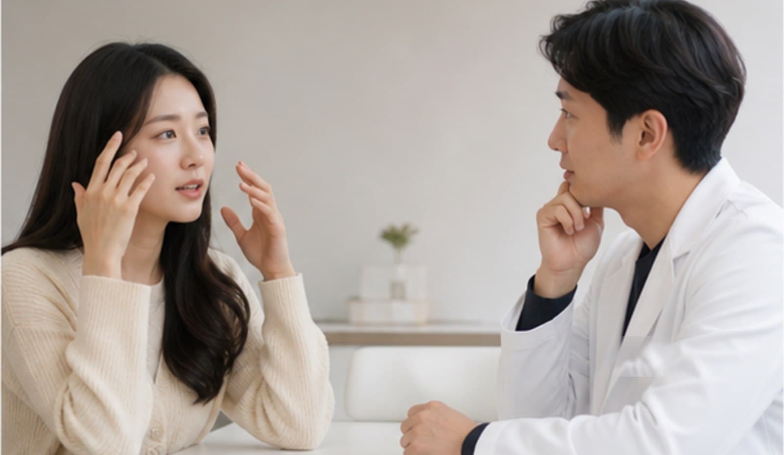 밝은 진료실에서 내원자가 손짓하며 질문하고 의료진이 경청하는 상담 장면