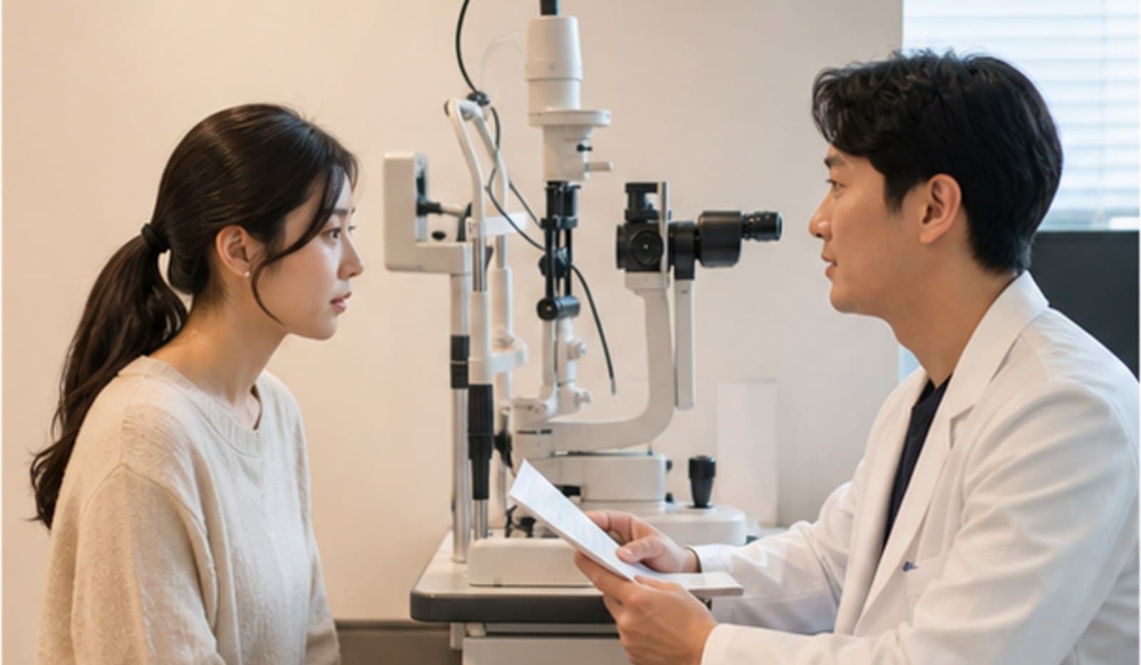 안과 검사실 옆에서 의료진이 검사 자료를 들고 내원자와 상담하는 모습 — 스마일라식 유명한병원 의사결정 단계 안내