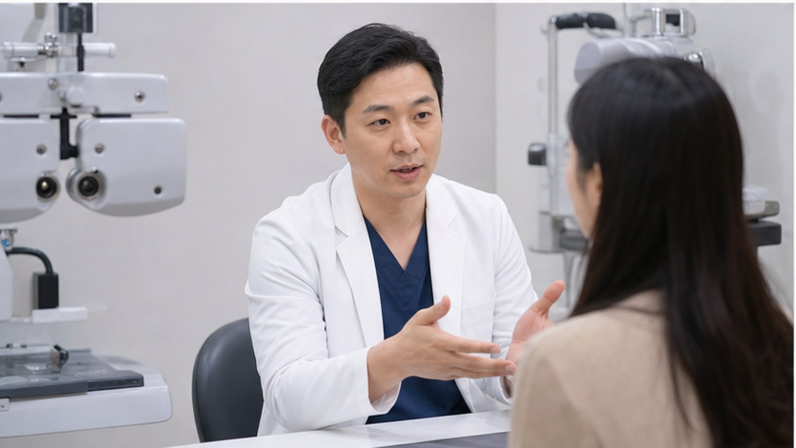 검사 장비가 있는 진료실에서 설명을 듣는 내원자