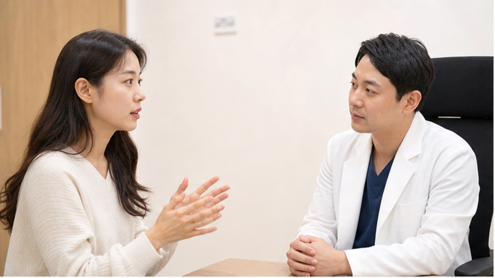 진료실에서 궁금한 점을 이야기하는 내원자와 의료진 — 스마일라식 추천 출처별 확인 안내
