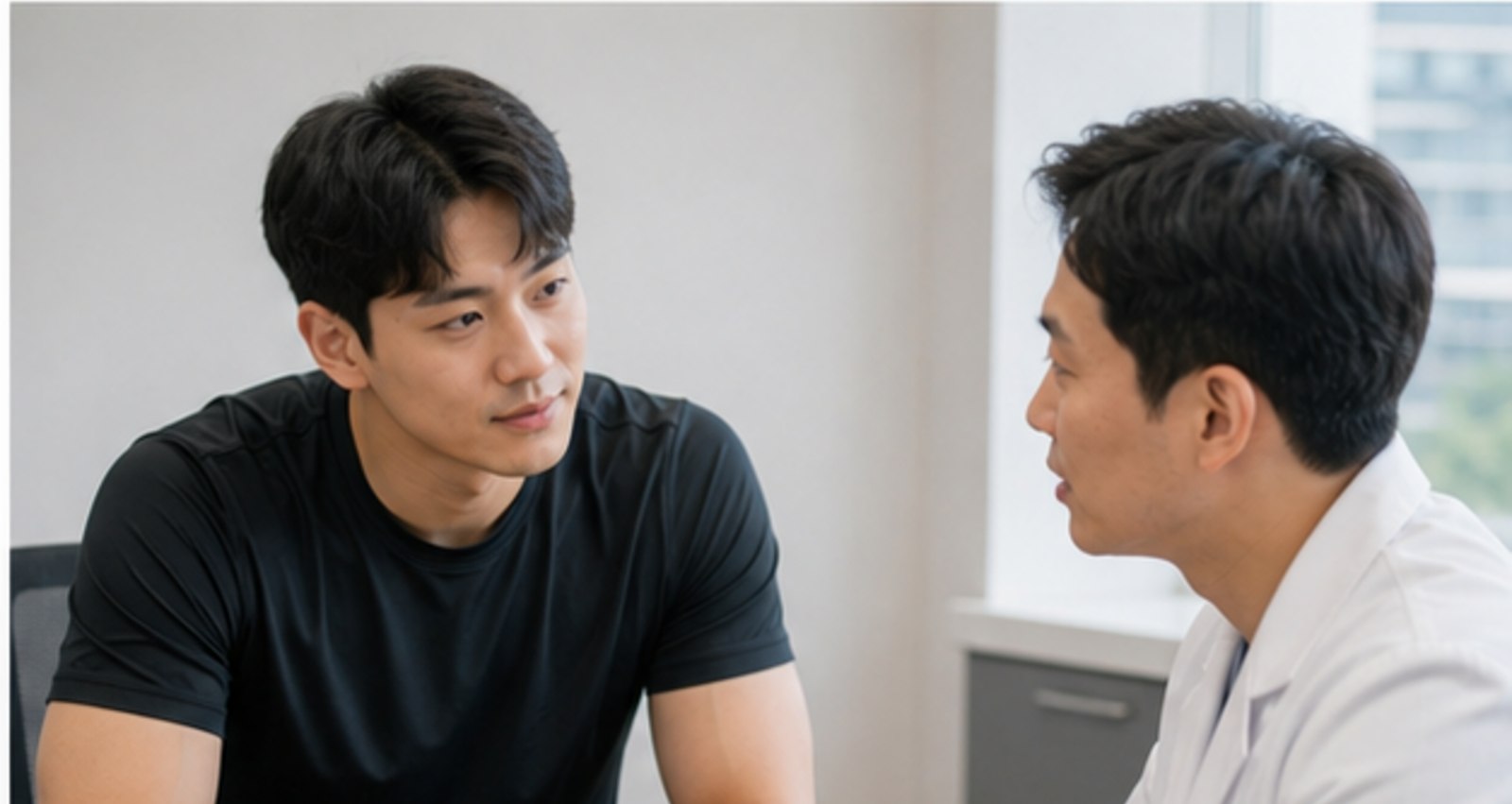 진료실에서 의료진과 근무 환경을 이야기하는 내원자