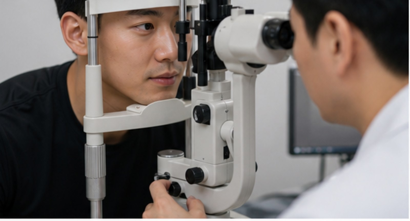 검사 장비 앞에서 눈 상태를 확인받는 내원자