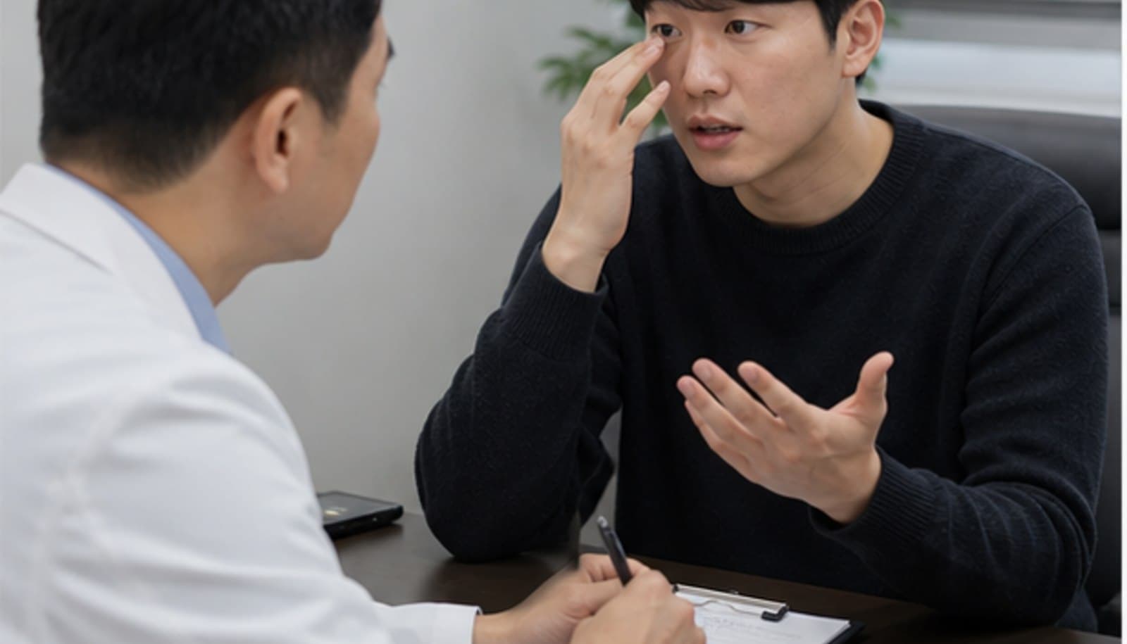 상담실에서 내원자가 눈 아래를 가리키며 불편한 점을 설명하고 의료진이 기록하는 모습