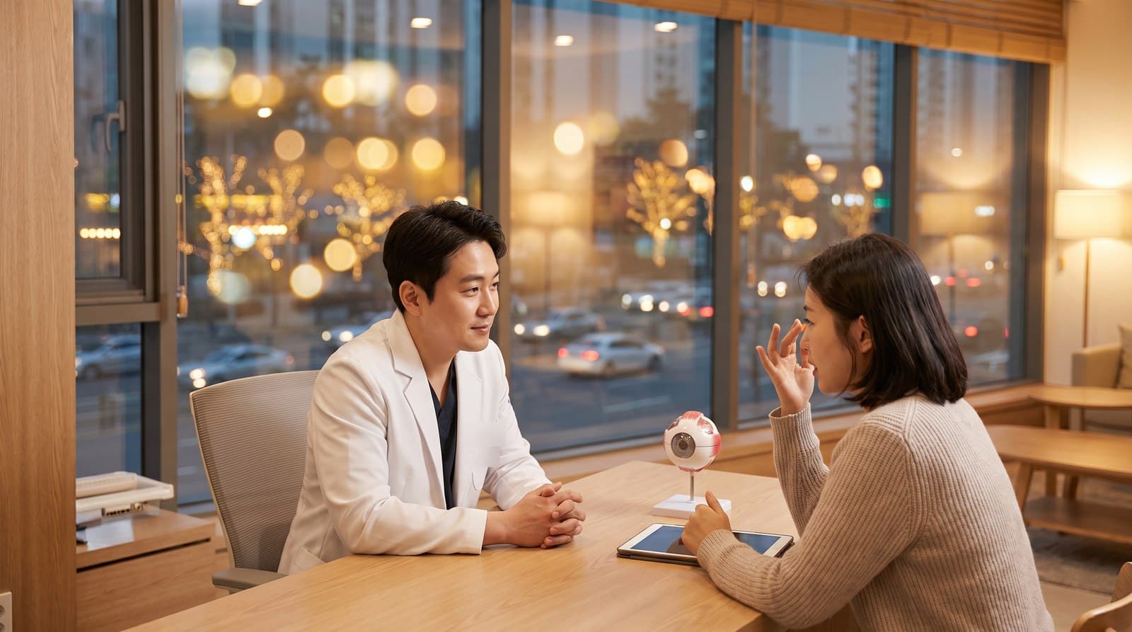 저녁 무렵 안과 상담실에서 내원자가 야간 시야 느낌을 설명하고 의료진이 경청하는 모습
