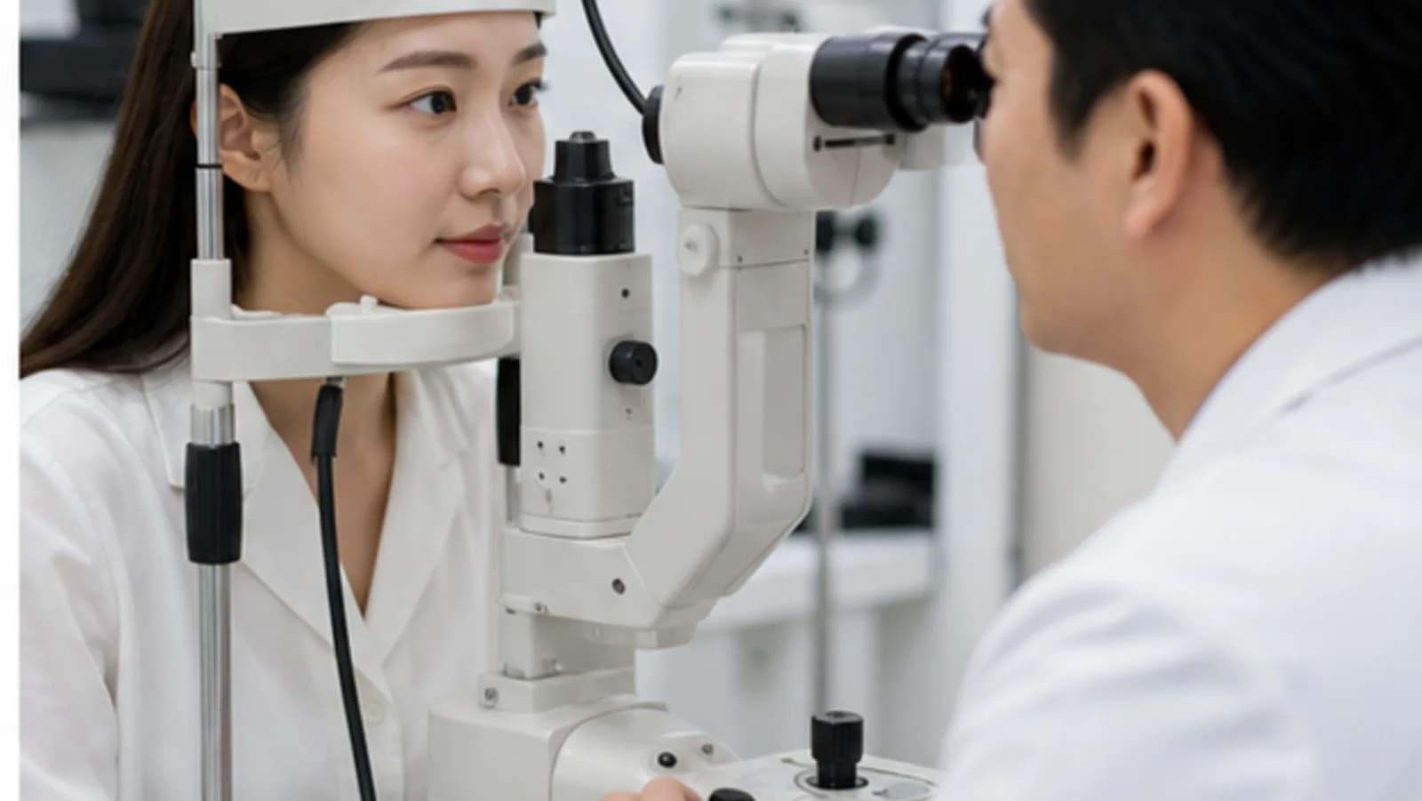 세극등 현미경 앞에서 의료진이 눈 상태를 확인하는 검사 장면