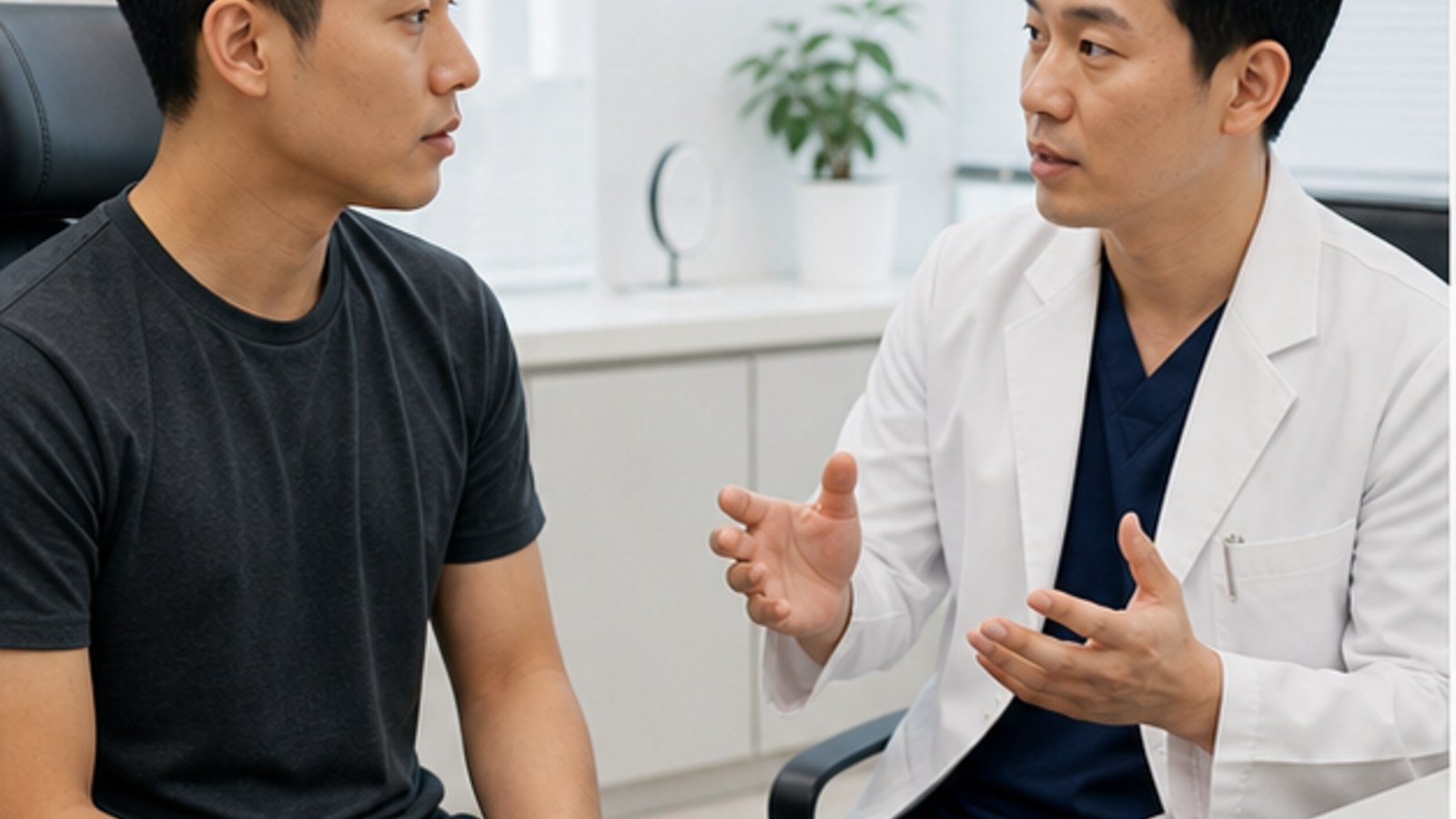 진료실에서 의료진과 일정을 상의하는 내원자 — 군인 스마일라식 진료 가능 구간 안내