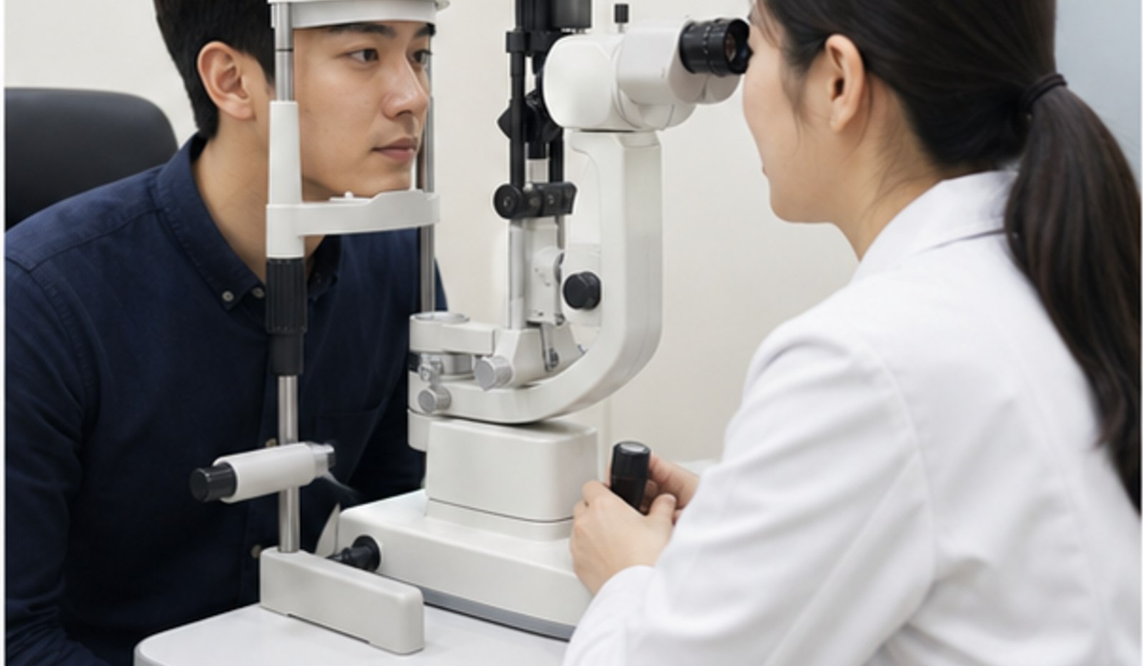 검사 장비 앞에서 눈 상태를 확인받는 내원자