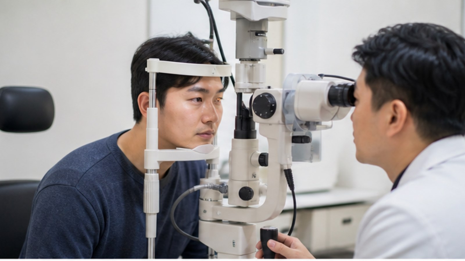 검사 장비 앞에서 눈 상태를 확인받는 내원자 — 스마일라식 결과 비교 기준 안내