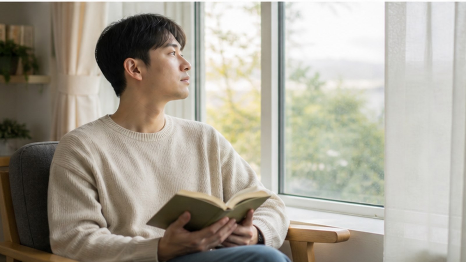 집에서 책을 읽다 창밖을 바라보는 사람