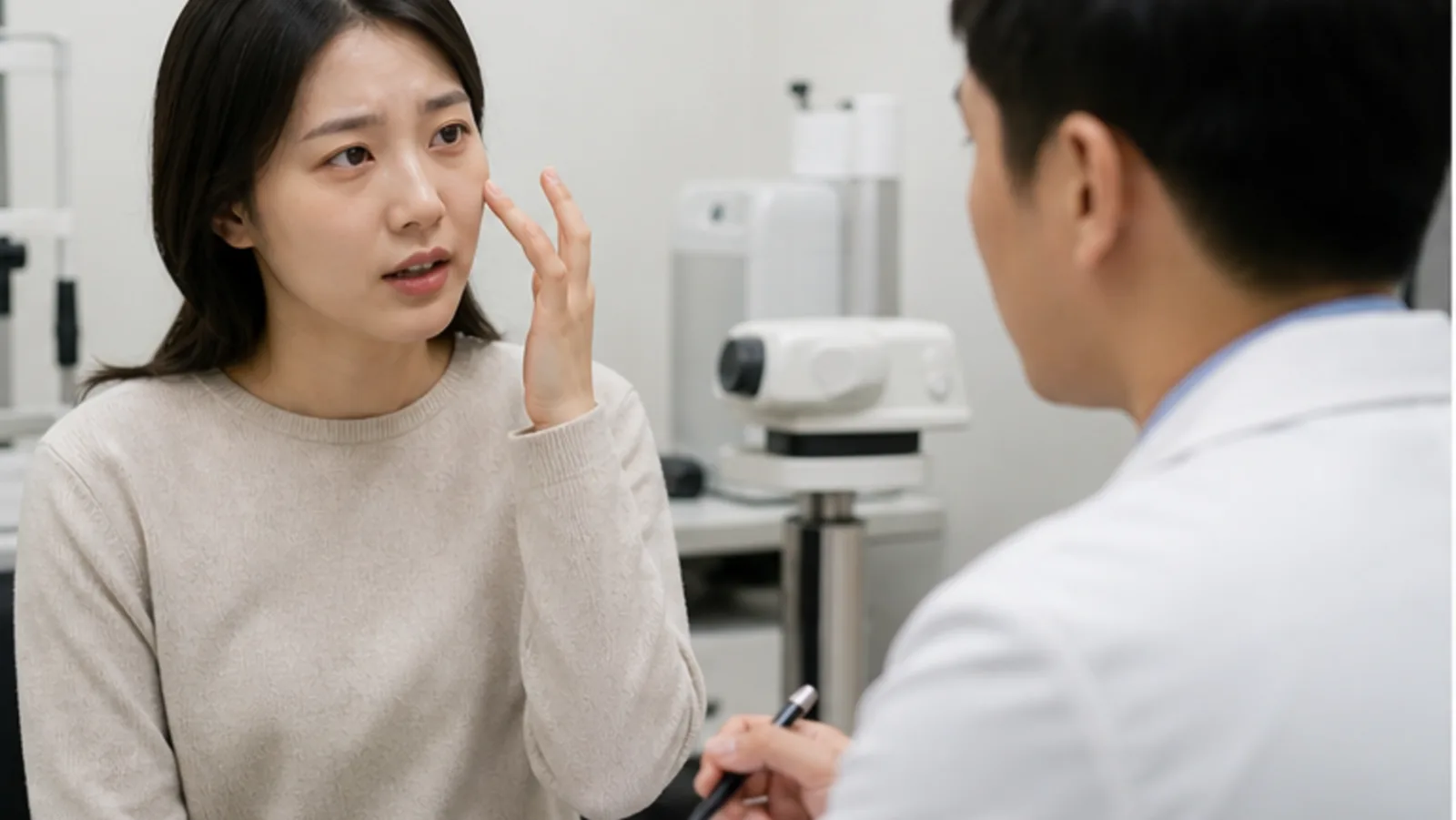 수술 후 느끼는 눈의 불편을 의료진에게 설명하는 모습