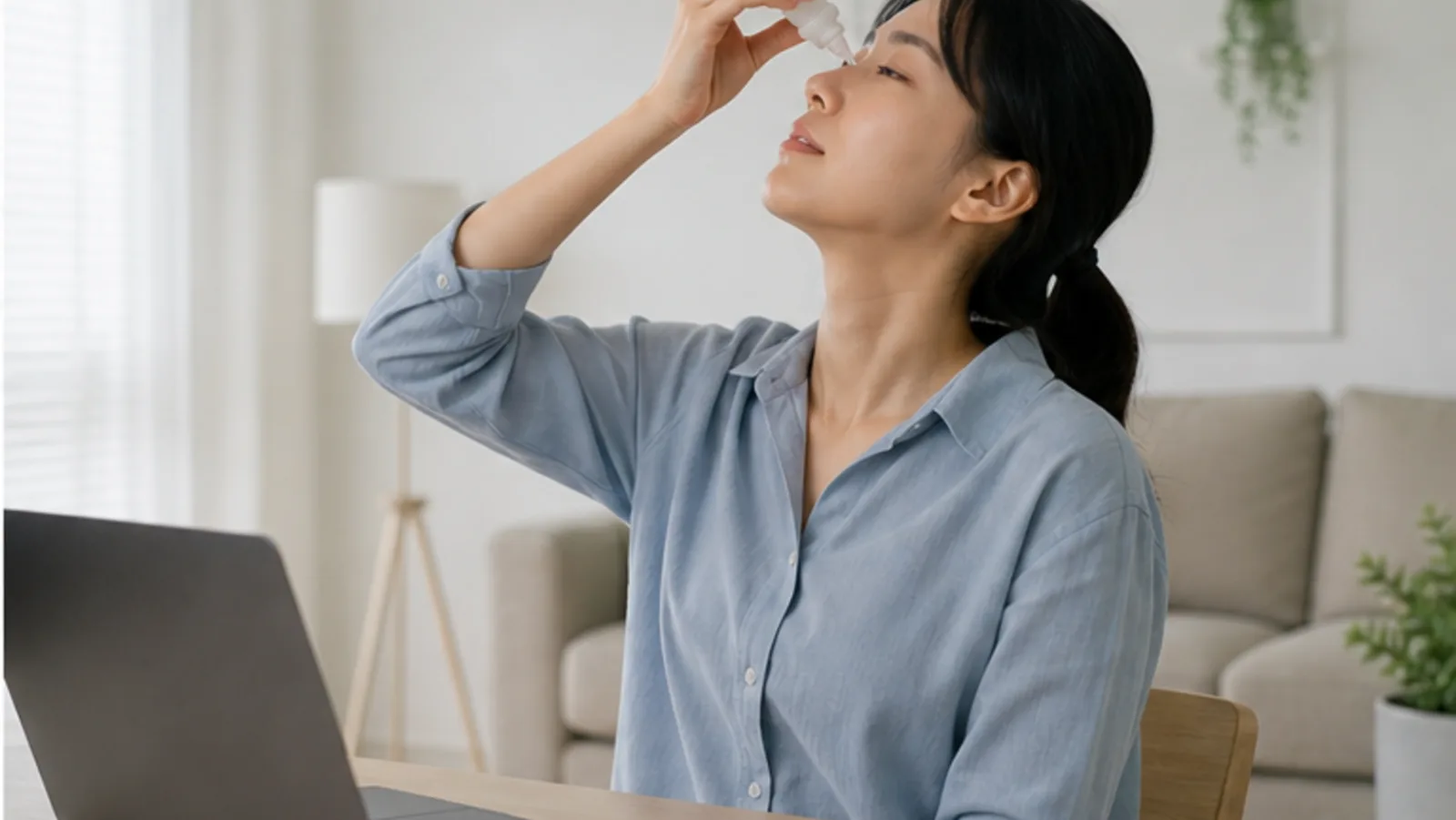 화면 작업 중 인공눈물을 사용하며 눈 상태를 관리하는 모습