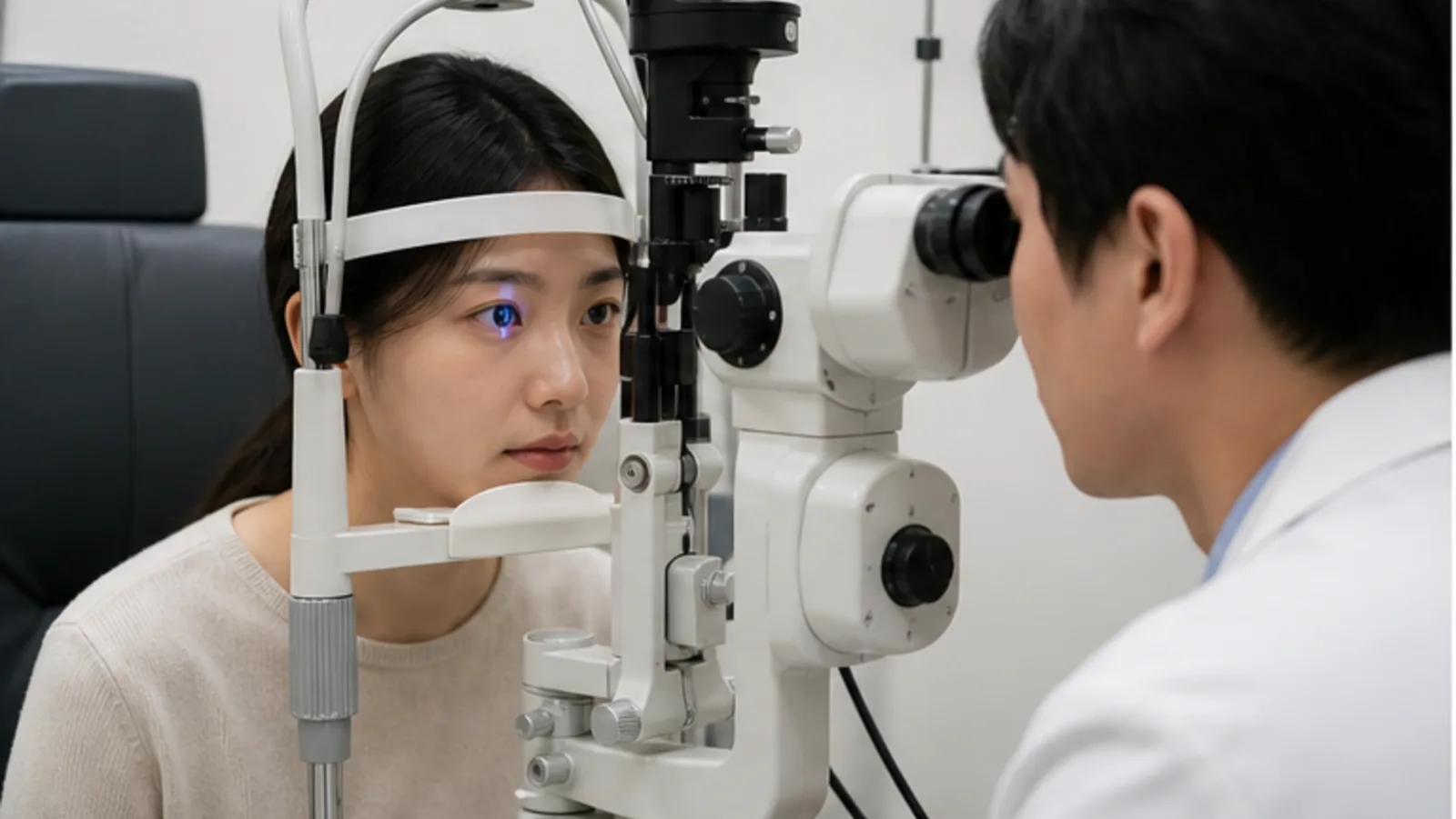 수술 후 안과에서 시력과 눈 상태를 다시 확인받는 모습 — 스마일라식 수술 후 시력 안내