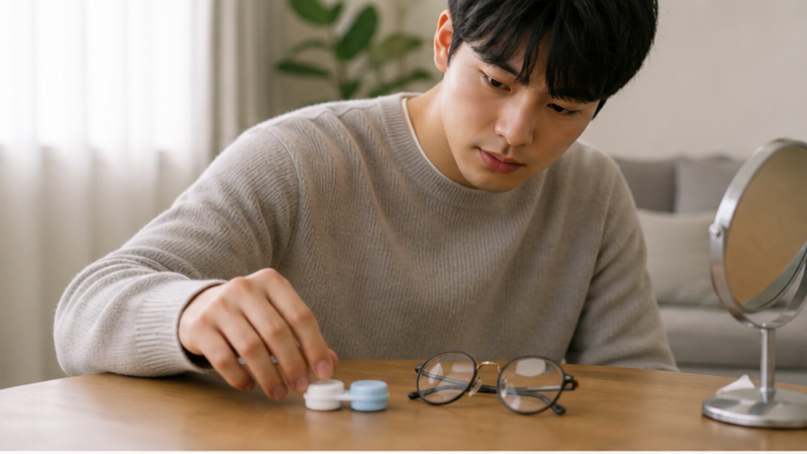 책상 위 렌즈 케이스와 안경을 정리하며 검사 준비를 하는 사람